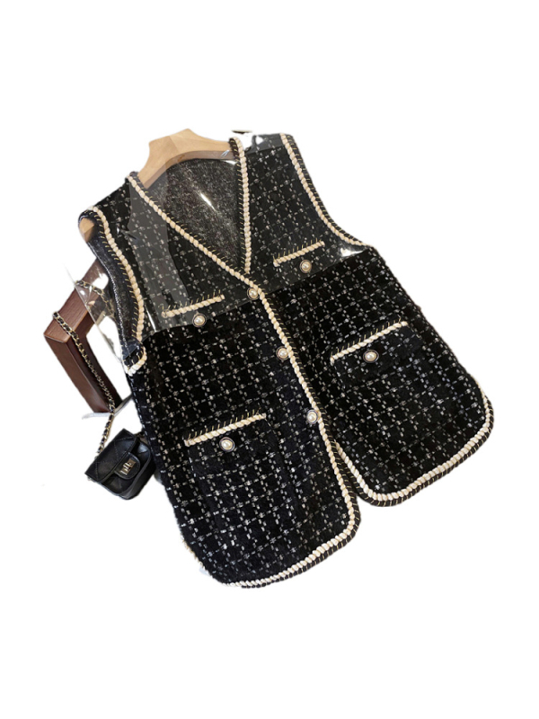 Безръкав жилет с V-образно деколте, имитационен Mink велур, каре принт, свободна кройка