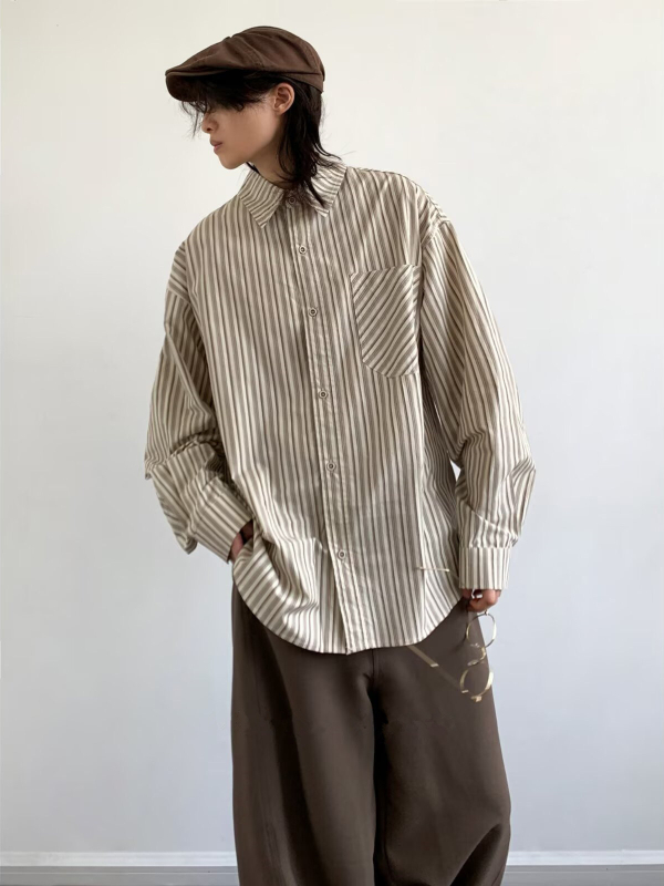 Japanski stil retro prugasta košulja-jacknica slobodan kroj, dugi rukavi, poliester 96%+