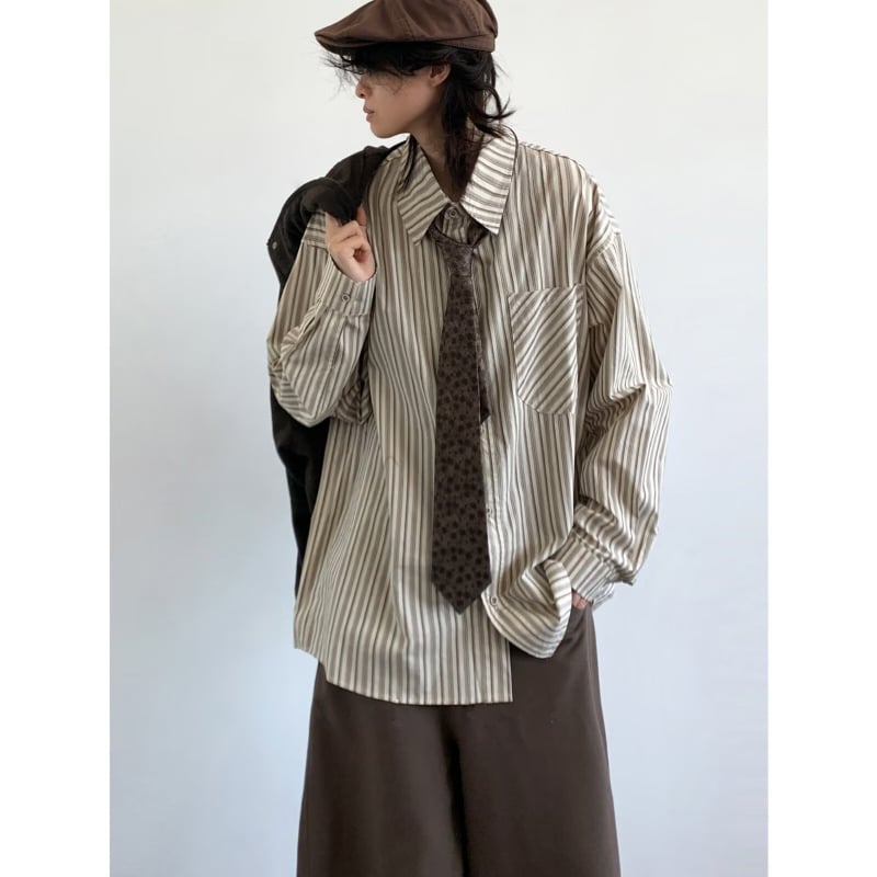 Japanski stil retro prugasta košulja-jacknica slobodan kroj, dugi rukavi, poliester 96%+