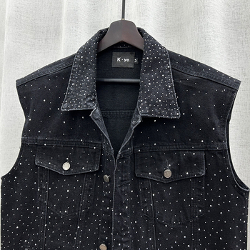 Muški bezruk vest s džins stilom i rhinestones ukrasima – širok kroj, korejski stil