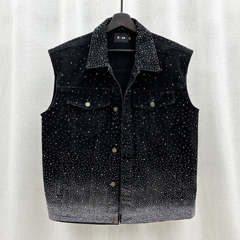 Muški bezruk vest s džins stilom i rhinestones ukrasima – širok kroj, korejski stil