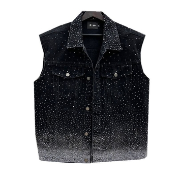 Muški bezruk vest s džins stilom i rhinestones ukrasima – širok kroj, korejski stil
