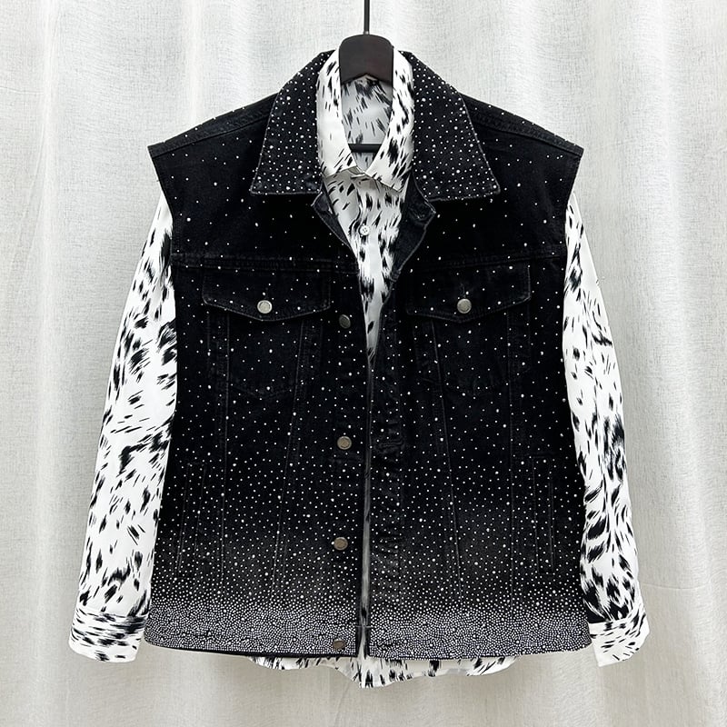 Muški bezruk vest s džins stilom i rhinestones ukrasima – širok kroj, korejski stil
