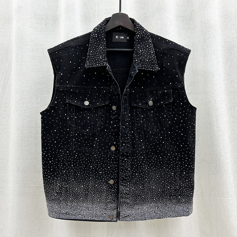 Muški bezruk vest s džins stilom i rhinestones ukrasima – širok kroj, korejski stil