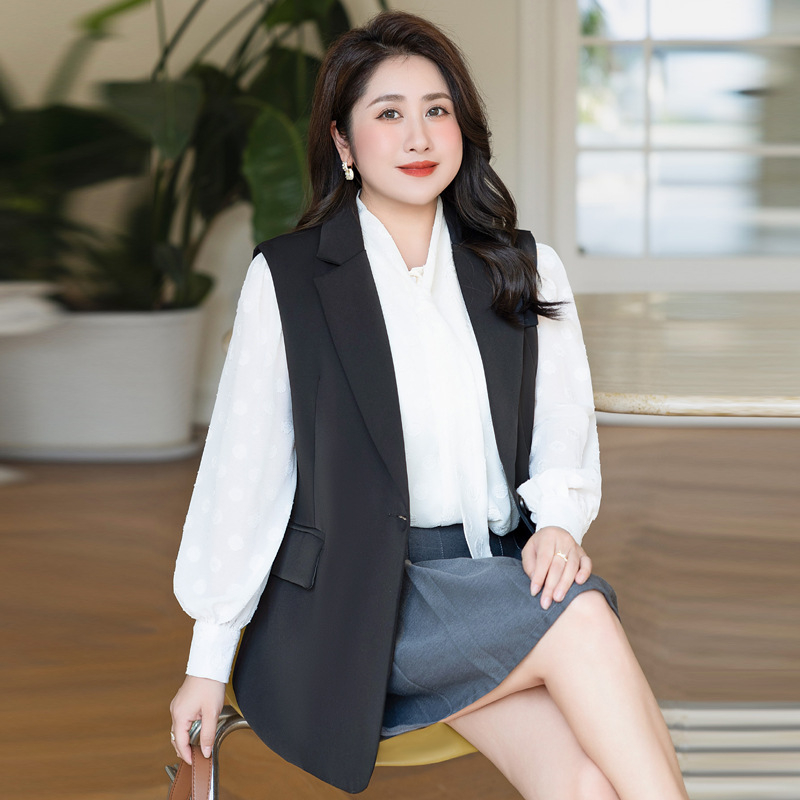 Женска костюмна жилетка, с тесен силует, средна дължина, с едно копче, яка тип костюм, плат найлон-спандекс
