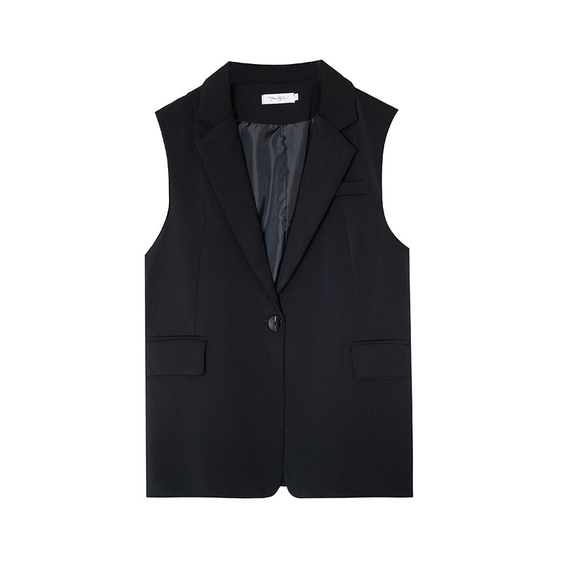 Женска костюмна жилетка, с тесен силует, средна дължина, с едно копче, яка тип костюм, плат найлон-спандекс