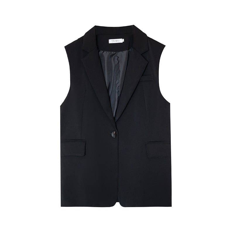 Женска костюмна жилетка, с тесен силует, средна дължина, с едно копче, яка тип костюм, плат найлон-спандекс