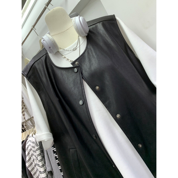 PU кожен дамски жилет, корейски стил, къс модел, без ръкави, кръгла яка