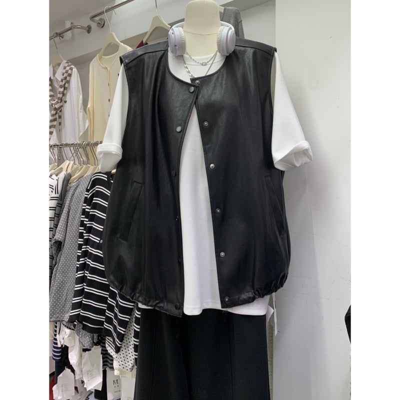 PU кожен дамски жилет, корейски стил, къс модел, без ръкави, кръгла яка