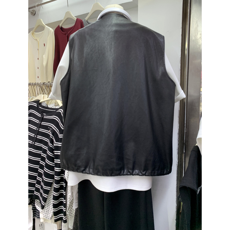 PU кожен дамски жилет, корейски стил, къс модел, без ръкави, кръгла яка