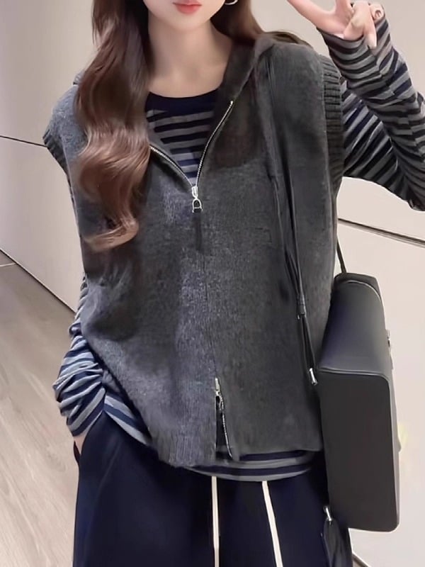 Дамска жилетка-кардиган с качулка, слоесто плетиво, rayon, есен 2025