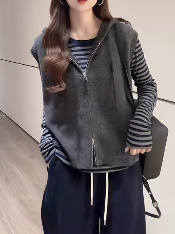 Дамска жилетка-кардиган с качулка, слоесто плетиво, rayon, есен 2025