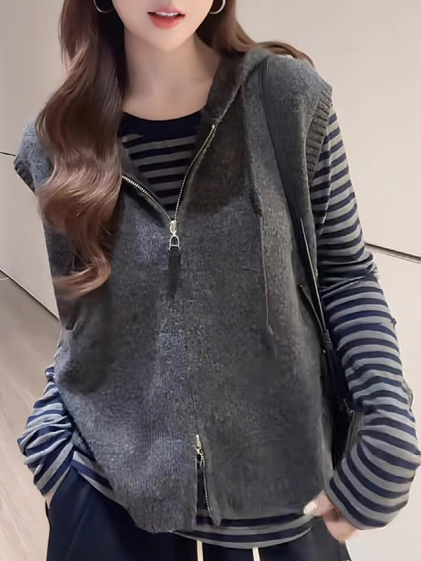 Дамска жилетка-кардиган с качулка, слоесто плетиво, rayon, есен 2025