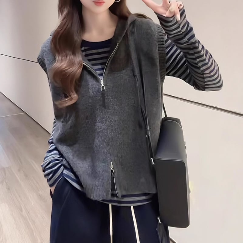 Дамска жилетка-кардиган с качулка, слоесто плетиво, rayon, есен 2025