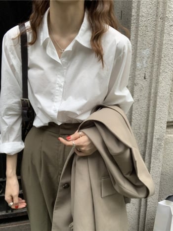 Ženska košulja od čistog pamuka, elegantan uredski stil, labav kroj, duge rukave, polo ovratnik