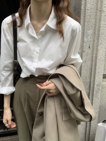 Ženska košulja od čistog pamuka, elegantan uredski stil, labav kroj, duge rukave, polo ovratnik