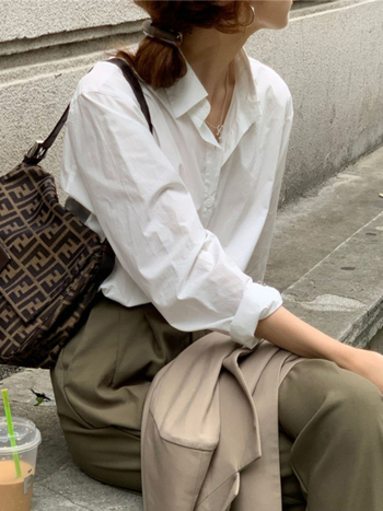 Ženska košulja od čistog pamuka, elegantan uredski stil, labav kroj, duge rukave, polo ovratnik