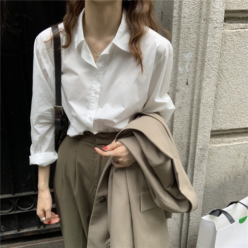 Ženska košulja od čistog pamuka, elegantan uredski stil, labav kroj, duge rukave, polo ovratnik