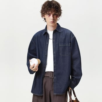 cămașă bărbați cu mâneci lungi, stil denim, croială lejeră, guler cu stand, uni color, amestec poliester 81–90%, tratament anti-călcare