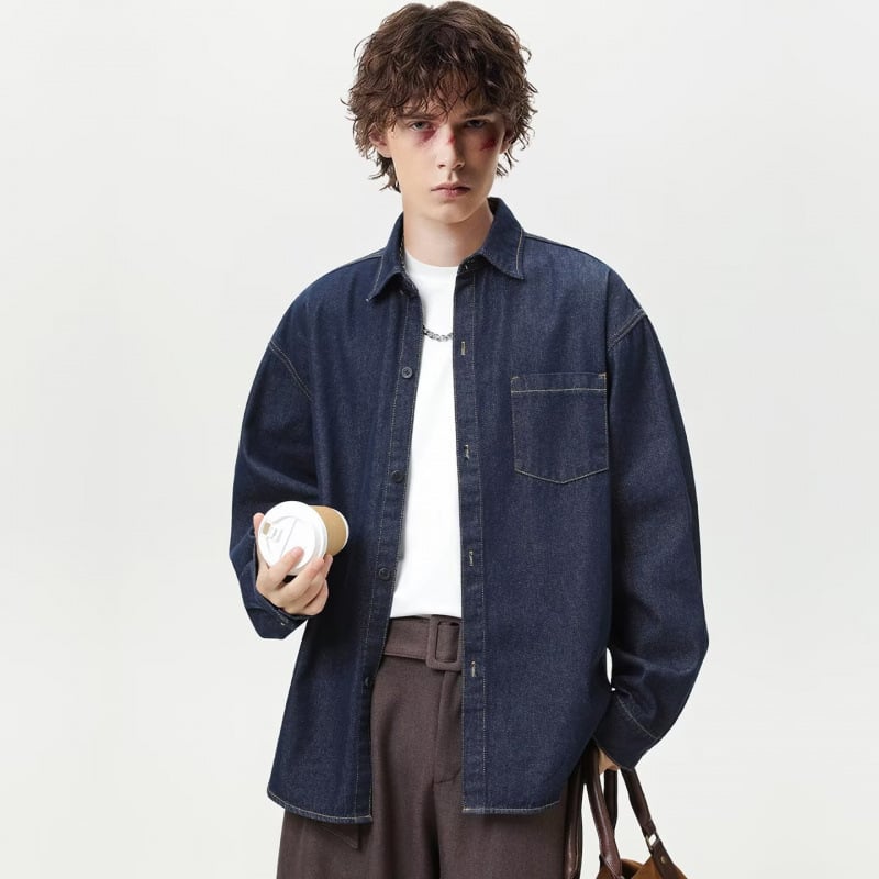 cămașă bărbați cu mâneci lungi, stil denim, croială lejeră, guler cu stand, uni color, amestec poliester 81–90%, tratament anti-călcare