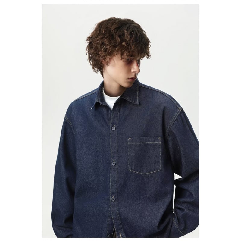 cămașă bărbați cu mâneci lungi, stil denim, croială lejeră, guler cu stand, uni color, amestec poliester 81–90%, tratament anti-călcare