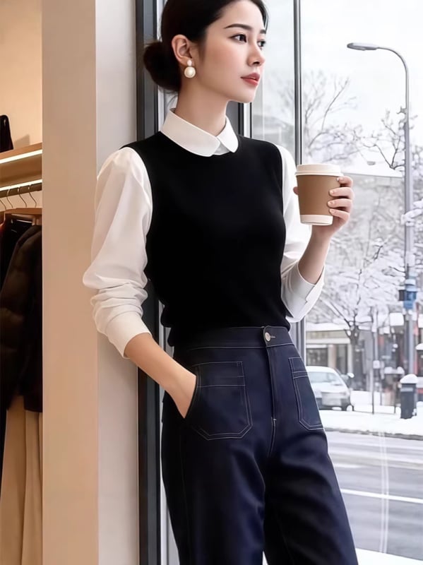 Košulja s lažnim dvodijelnim dizajnom, francuski stil, poliester tkanina, duge rukave, standardna duljina
