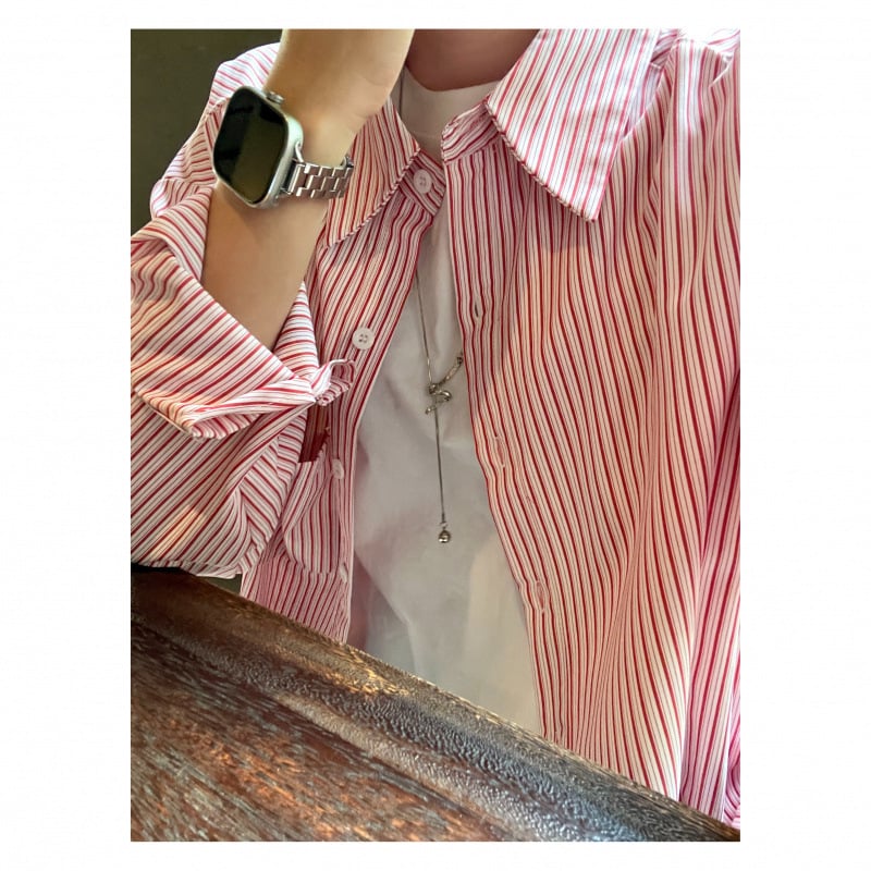 Риза-кардиган с райета – дълъг ръкав, поло яка, свободна кройка, градски стил