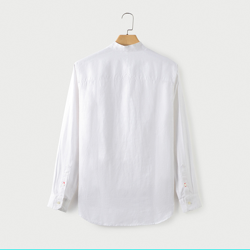 Cămașă de in pentru bărbați, guler înalt, mâneci lungi, croială lejeră, primăvara 2025