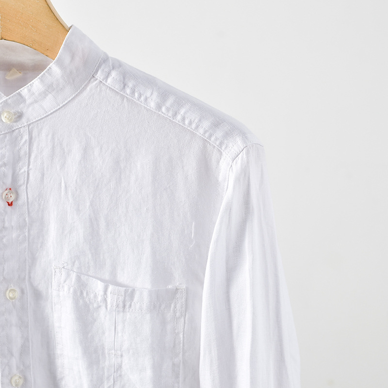 Cămașă de in pentru bărbați, guler înalt, mâneci lungi, croială lejeră, primăvara 2025