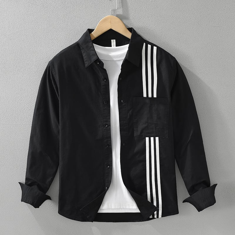 Cămașă în stil japonez cu dungi, mâneci lungi, croială lejeră; 100% bumbac.