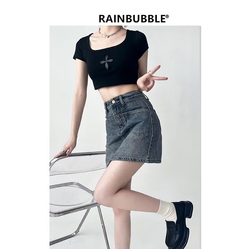 Плюс размер деним скорт с висока талия, ретро стил Хонг Конг, лято 2024, A-линия, къса пола, 30–50% памук