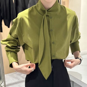 Риза със стояща яка и дълги ръкави — Полиестер, еднотонен модел, свободна кройка, стандартна дължина