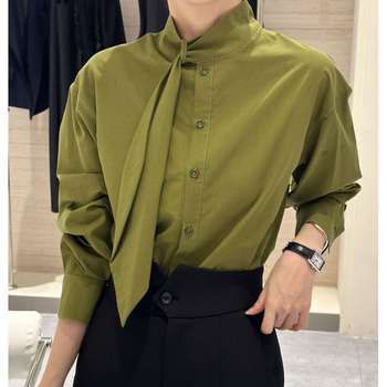 Риза със стояща яка и дълги ръкави — Полиестер, еднотонен модел, свободна кройка, стандартна дължина