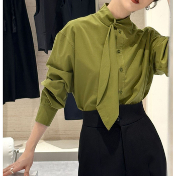 Риза със стояща яка и дълги ръкави — Полиестер, еднотонен модел, свободна кройка, стандартна дължина