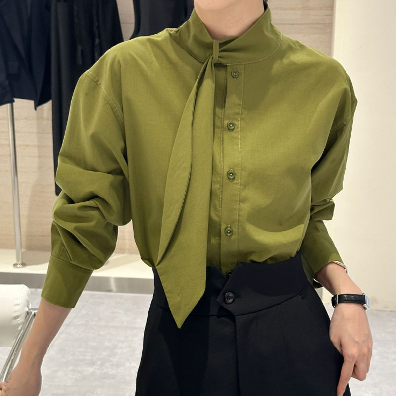 Риза със стояща яка и дълги ръкави — Полиестер, еднотонен модел, свободна кройка, стандартна дължина