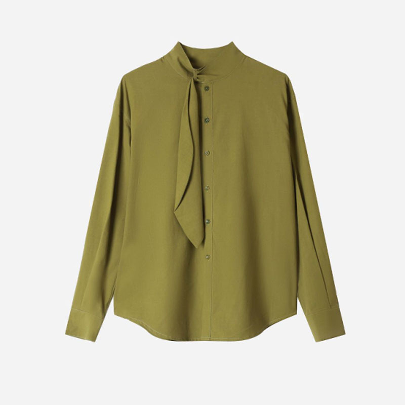 Риза със стояща яка и дълги ръкави — Полиестер, еднотонен модел, свободна кройка, стандартна дължина