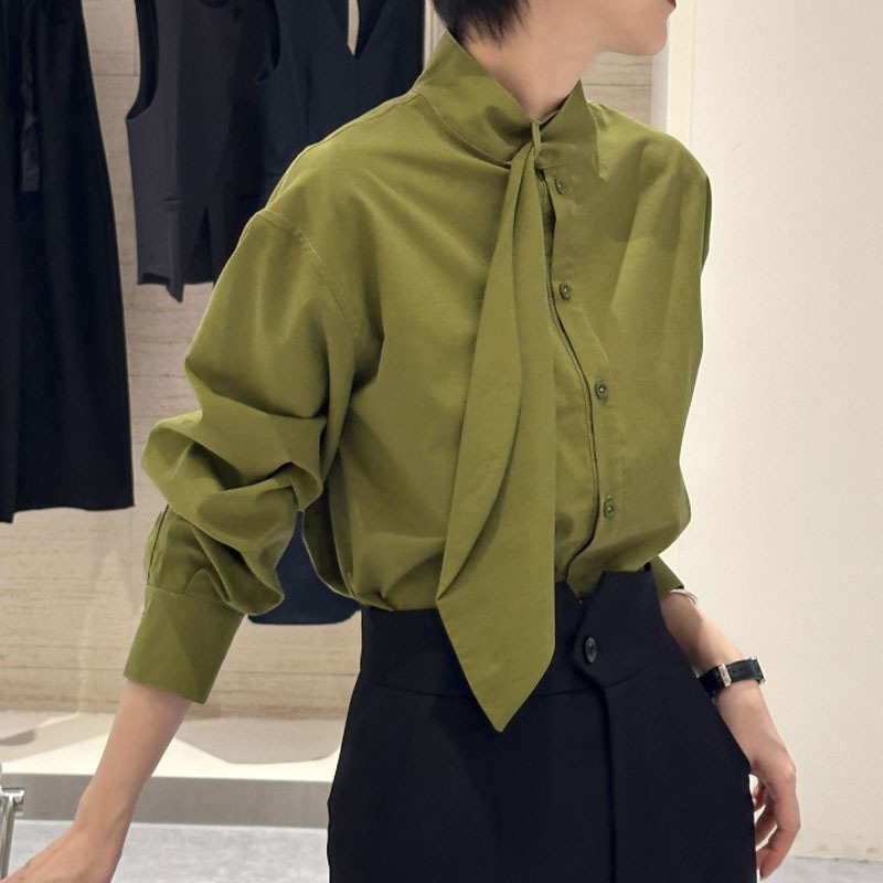 Риза със стояща яка и дълги ръкави — Полиестер, еднотонен модел, свободна кройка, стандартна дължина