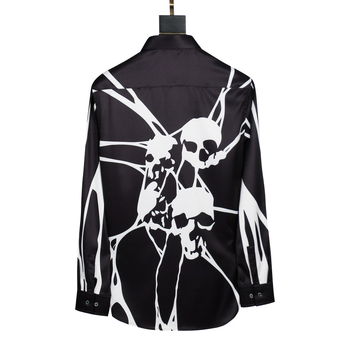 Cămașă bărbătească cu mâneci lungi, non-iron, imprimeu cu craniu, croială slim, guler ascuțit