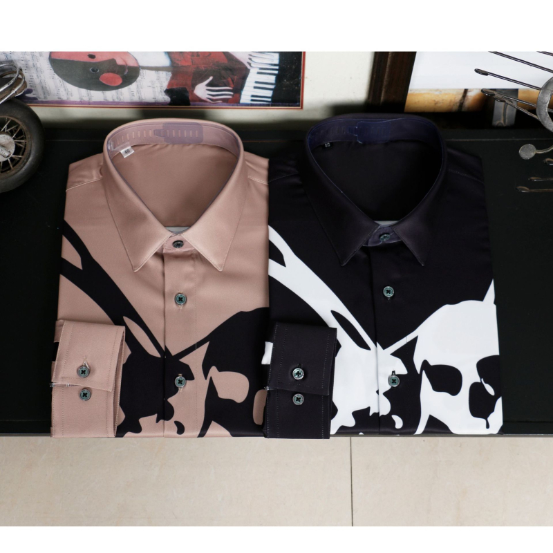 Cămașă bărbătească cu mâneci lungi, non-iron, imprimeu cu craniu, croială slim, guler ascuțit