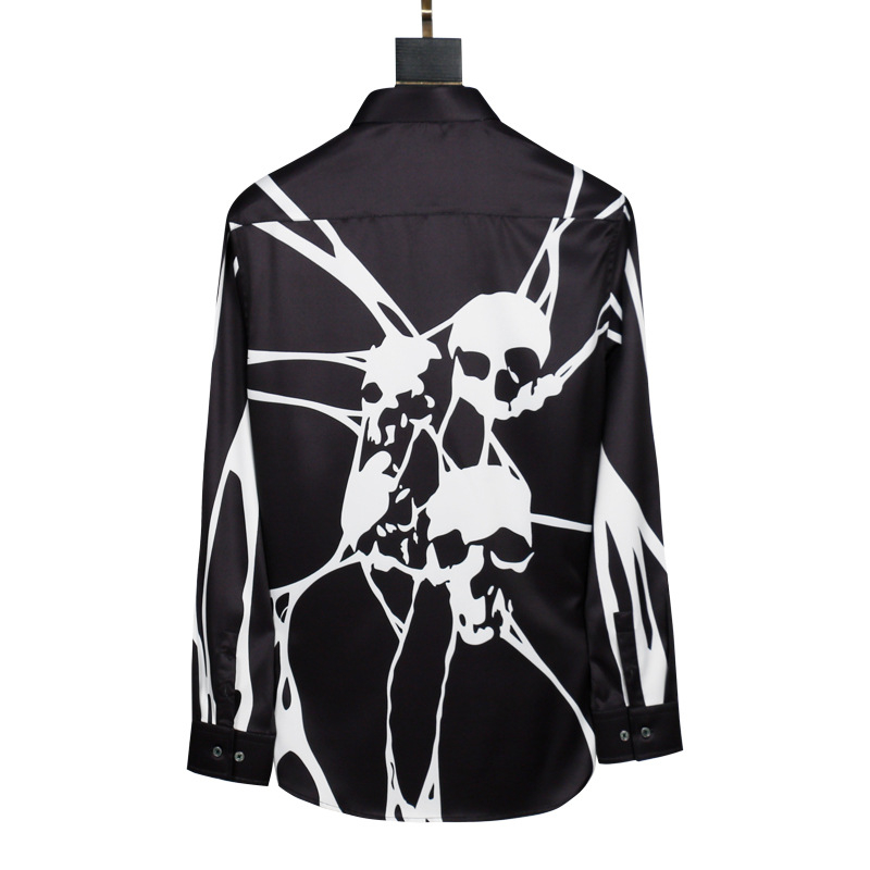 Cămașă bărbătească cu mâneci lungi, non-iron, imprimeu cu craniu, croială slim, guler ascuțit