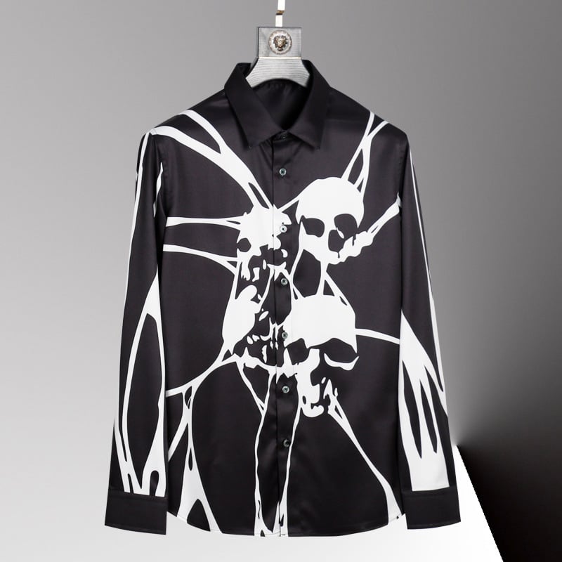 Cămașă bărbătească cu mâneci lungi, non-iron, imprimeu cu craniu, croială slim, guler ascuțit