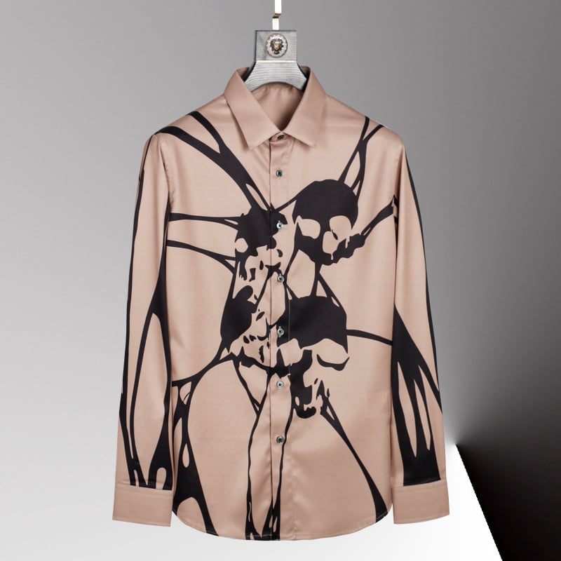 Cămașă bărbătească cu mâneci lungi, non-iron, imprimeu cu craniu, croială slim, guler ascuțit