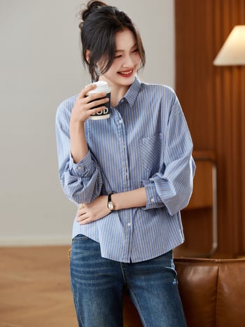 Памучна риза с ивици, кардиган и офисен стил, поло яка, свободна кройка