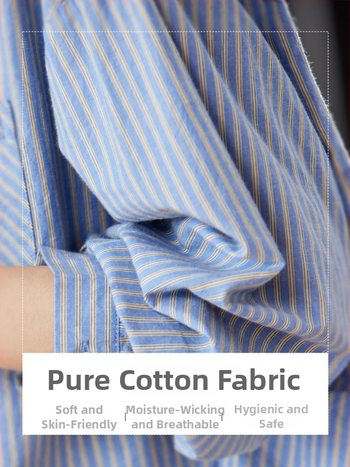 Памучна риза с ивици, кардиган и офисен стил, поло яка, свободна кройка