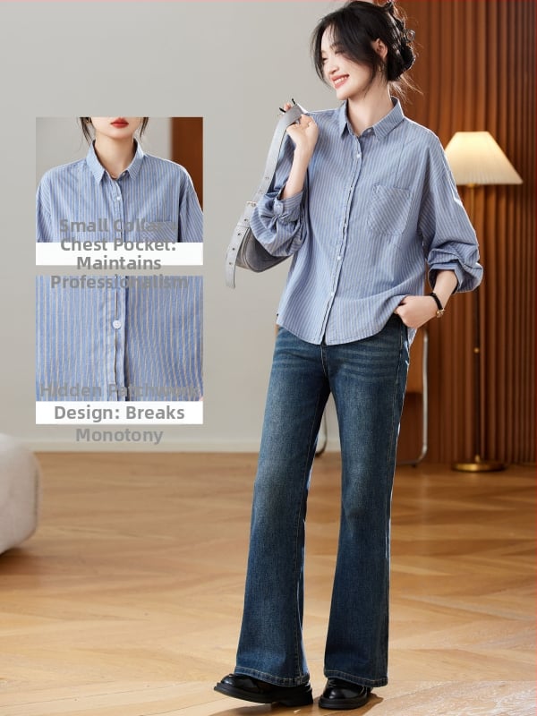 Памучна риза с ивици, кардиган и офисен стил, поло яка, свободна кройка