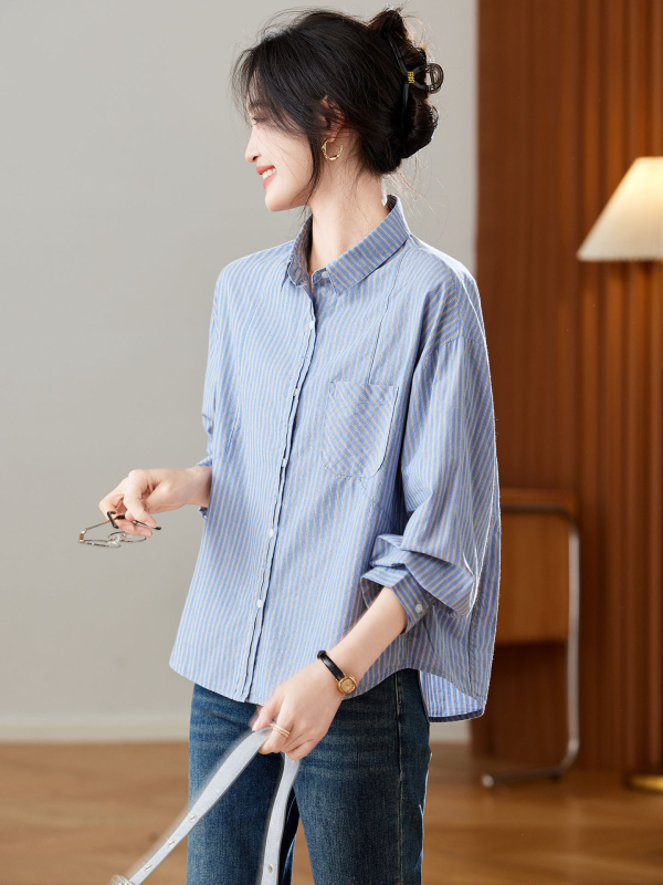 Памучна риза с ивици, кардиган и офисен стил, поло яка, свободна кройка