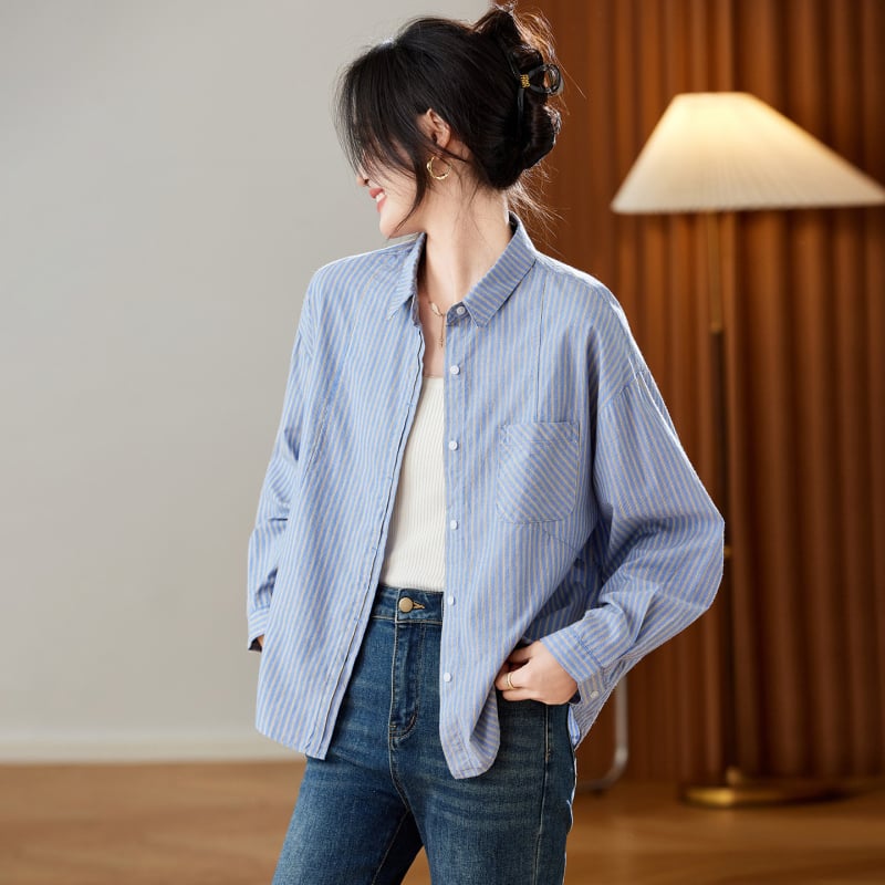 Памучна риза с ивици, кардиган и офисен стил, поло яка, свободна кройка