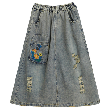 Traper suknja, duga, književni retro stil, tkanina pamuk i lan s denim detaljem, mikroelastičnost