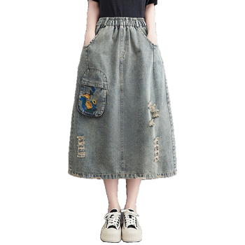 Traper suknja, duga, književni retro stil, tkanina pamuk i lan s denim detaljem, mikroelastičnost
