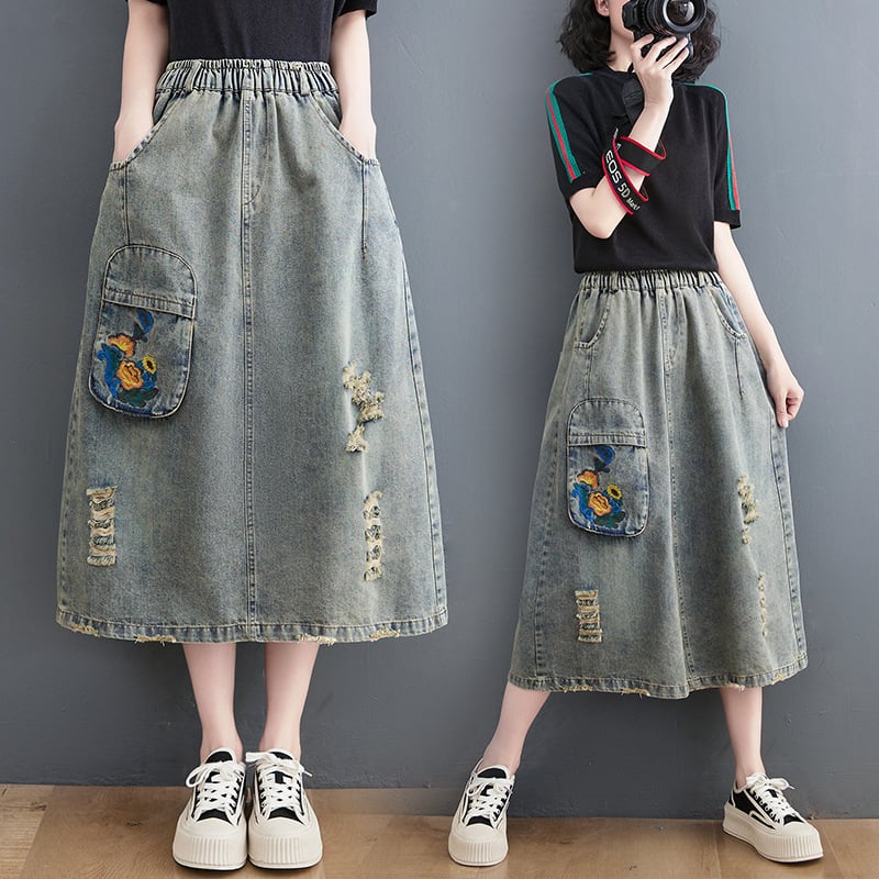 Traper suknja, duga, književni retro stil, tkanina pamuk i lan s denim detaljem, mikroelastičnost